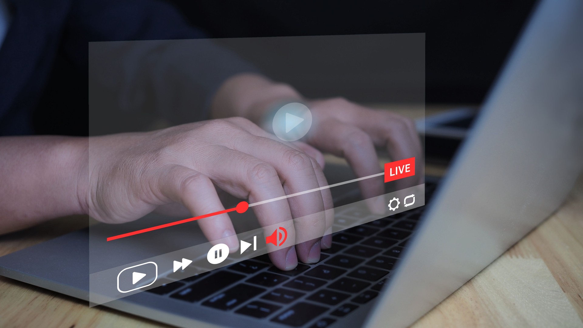 Businessman watches live content on laptop, Online video live-streaming. seamless internet connection. Live broadcast and playing content video in online technology, Online learning.
